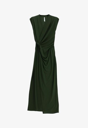 Abito midi verde scuro senza maniche con scollo a V, dettaglio in tessuto drappeggiato e twist raccolto in vita.