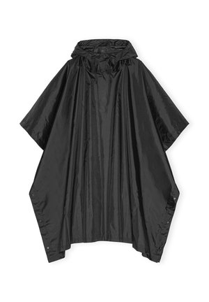 Black poncho made from lightweight, water-resistant material. Features a hood, loose fit, and snap closures on the sides. Smooth texture.