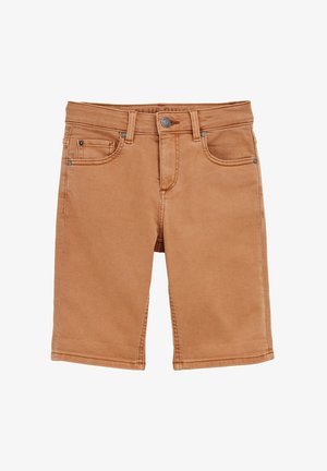 Short en denim marron avec bouton à l'avant, fermeture éclair et design à cinq poches, posé à plat sur fond blanc.