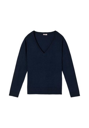 Pulover bleumarin cu mâneci lungi, decolteu în V și manșete și tiv striați, așezat plat pe un fundal alb.