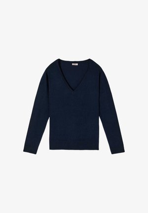 Pulover bleumarin cu mâneci lungi, decolteu în V și manșete și tiv striați, așezat plat pe un fundal alb.