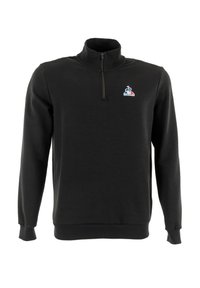 Zwarte sweatshirt met ritssluiting en een zachte stof, voorzien van een klein logo op de borst en ribgebreide manchetten en onderrand voor een comfortabele pasvorm.