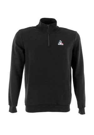 Zwarte sweatshirt met ritssluiting en een zachte stof, voorzien van een klein logo op de borst en ribgebreide manchetten en onderrand voor een comfortabele pasvorm.