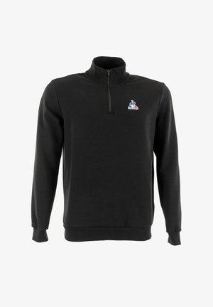 Zwarte sweatshirt met ritssluiting en een zachte stof, voorzien van een klein logo op de borst en ribgebreide manchetten en onderrand voor een comfortabele pasvorm.