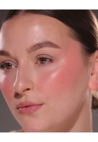 Primer plano de una cara con tono de piel claro, textura suave, rubor cálido en las mejillas, cejas bien cuidadas y labios rosa suave. Luz natural.
