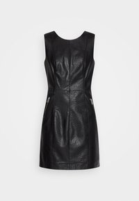 Schwarzes ärmelloses Kleid aus Leder mit figurbetontem Schnitt, mittigen Nähten und mit Reißverschlüssen versehenen Taschen an den Seiten. Glatte Textur.