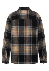 Svart,.oransje og grå rutete flanellskjorte med knappekrage, lange ermer og rett nederkant. Teksturert stoff med et klassisk mønster.