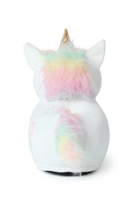 White plush unicorn slipper with pastel rainbow fur trim, golden horn, and colorful tail. Soft texture with black sole.