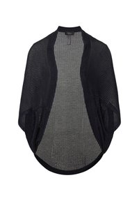 Schwarze, offene Strickjacke mit einer lässigen, drapierten Form. Sie hat einen abgerundeten Saum und kurze Ärmel und besteht aus leichtem, atmungsaktivem Material.