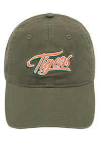 Olivgrüne Baseballkappe mit dem Schriftzug "Tigers" in Orange und Türkis bestickt. Verfügt über eine strukturierte Krone und eine gebogene Krempe mit sichtbaren Nähten.