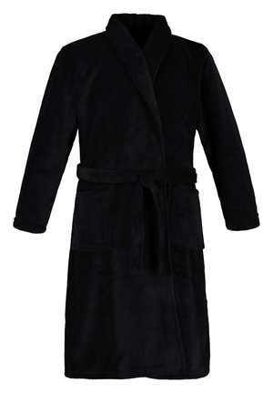 Peignoir noir à manches longues en tissu doux et pelucheux. Il possède un col châle, une ceinture à nouer et deux poches plaquées à l'avant.