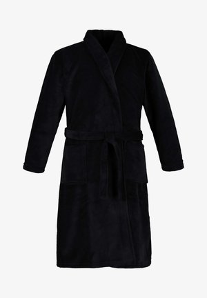 Bata de baño negra de mangas largas en un suave y esponjoso tejido. Cuenta con un cuello tipo chal, cinturón de lazo y dos bolsillos parche en la parte frontal.