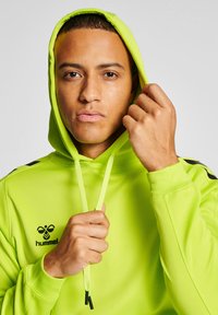 Limettengrüner Kapuzenpullover aus weichem Stoff, mit verstellbaren Kordeln und einem kleinen schwarzen Logo auf der Brust.