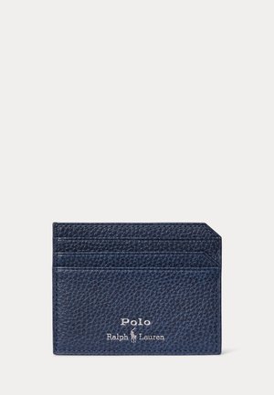 Navy blue textured leather cardholder with four card slots and white Polo Ralph Lauren logo centered at bottom.