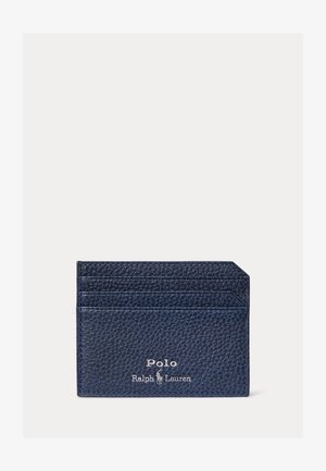Kartenetui aus navyblauem, strukturiertem Leder mit vier Kartenfächern und weißem Polo Ralph Lauren Logo zentriert am unteren Rand.