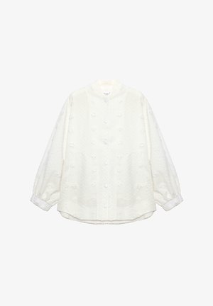 White button-up jacket with a high collar, textured floral pattern, and elastic cuffs. Soft fabric with a loose, relaxed fit.