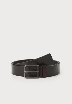 Black leather belt with a smooth texture, silver rectangular buckle, and red stitching detail. Features a classic design with a clean finish.