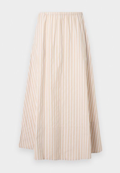 Jupe beige en ligne A avec des rayures verticales blanches, taille élastique et longueur genou à mi-mollet.