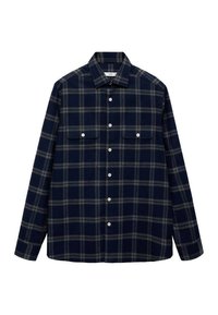 Camicia di flanella blu navy con un motivo a quadri grigi, maniche lunghe, apertura con bottoni e due tasche sul petto con pattina. Texture morbida.