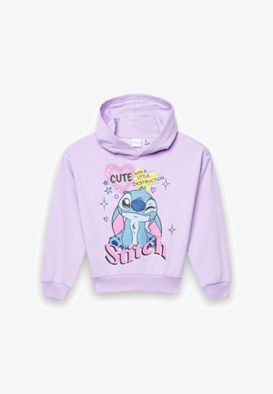 Liliowa bluza z kapturem z postacią z kreskówki o dużych uszach, graficznym napisem i serduszkami. Miękki materiał, swobodny krój oraz ściągacze na rękawach.