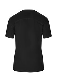 Sort atletisk T-shirt med korte ærmer, der har en glat tekstur, buet kant og diskrete mesh-paneler på ryggen for ventilation.