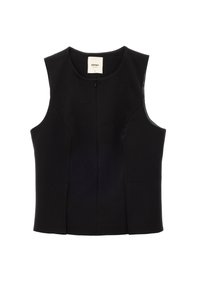 Mouwloos zwart businessvest met ronde halslijn, front rits en getailleerde naden, maat 36, op een witte achtergrond.