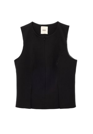 Gilet da uomo senza maniche di colore nero, con scollo rotondo, chiusura frontale a zip e cuciture sartoriali, taglia 36, su uno sfondo bianco.