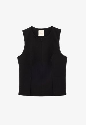 Gilet da uomo senza maniche di colore nero, con scollo rotondo, chiusura frontale a zip e cuciture sartoriali, taglia 36, su uno sfondo bianco.