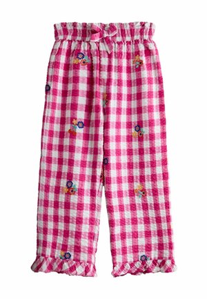 Ružové a biele kárované nohavice s vyšívanými viacfarebnými kvetmi, s elastickým pásom so štýlovou mašľou a volánovými lemami.