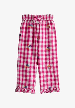 Roze-wit geruite broek met geborduurde bloemen in meerdere kleuren, elastische tailleband met strik en gerimpelde zoom.