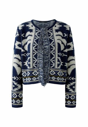 Patterned knit cardigan in navy and cream, featuring a fringed front and intricate geometric designs along the sleeves and hem.