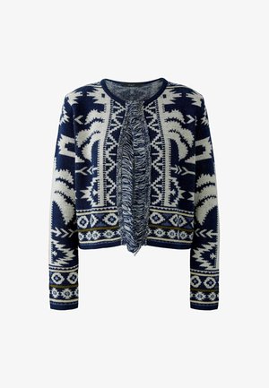 Patterned knit cardigan in navy and cream, featuring a fringed front and intricate geometric designs along the sleeves and hem.