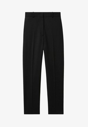 Black trousers with a smooth fabric, tailored design, flat front, side pockets, and two back pockets. Features belt loops and a straight leg.