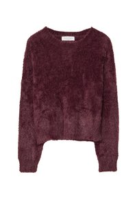 Burgunderfarbener Kunstpelzpullover, runder Ausschnitt, lange Ärmel, kurze Länge, weiche Textur, gerippte Bündchen und Taillenbund.