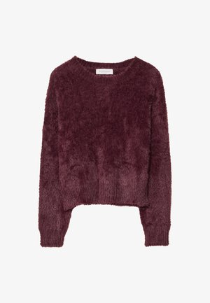 Burgundy faux fur sweater, rund halsudskæring, lange ærmer, cropped fald, blød tekstur, ribbede manchetter og talje.
