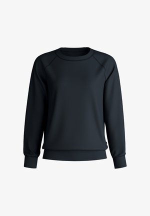 Felpa nera a maniche lunghe con collo a giro e polsini e orlo a costine, mostrata su uno sfondo bianco.