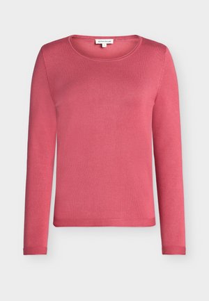 Long-sleeve, round-neck sweater in solid pink, made of a soft knit fabric with a smooth texture. Features ribbed cuffs and hem.