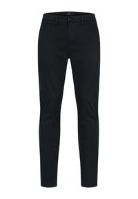 Pantalon noir pour homme coupe slim avec fermeture à bouton et fermeture éclair à l'avant, passants pour ceinture et poches latérales, présenté sur un fond blanc.