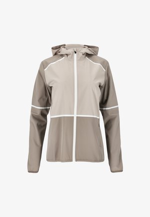 Leichte, beige Regenjacke mit Kapuze, weißen Akzenten, Frontreißverschluss und kontrastierenden Einsätzen. Hergestellt aus wasserabweisendem Material.