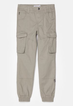 Hellbeige Cargohose mit Front- und Seitentaschen, elastischen Bündchen und Knopfverschluss an der Taille.
