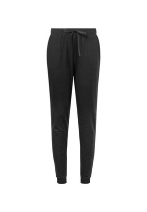 Sorte smalle joggebukser med elastisk taljebånd og snøre, ankellommer og sidelommer, vist på en hvid baggrund.