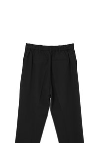 Schwarze Hose mit glatter Textur, elastischem Bund und zwei Gesäßtaschen. Verfügt über ein gerades Bein Design ohne Vordertaschen.