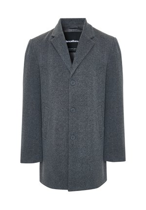 Grau melierter Wollmischungsmantel mit Reverskragen, dreiknöpfiger Frontverschluss und zwei seitlichen Taschen. Hat einen geraden Schnitt und eine minimale Textur.