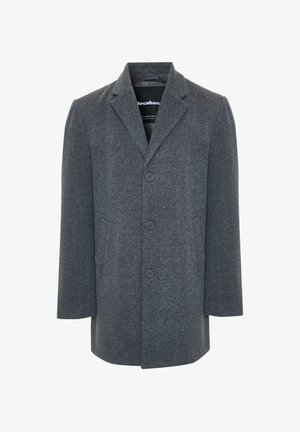 Šedý kabát z vlněné směsi s klopovým límcem, zapínáním na tři knoflíky a dvěma bočními kapsami. Má rovný střih a jemnou texturu.