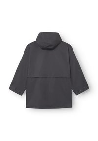 Tumehall hall jacket, millel on kapuuts, pikad varrukad, mis on varustatud nööbiga mansettide ja puusapikkuse disainiga, millega kaasneb tagumine tuuleauk.