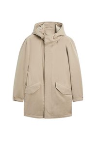 Beige vattentät jacka med huva, framknäppning med tryckknappar och två sidofickor. Har en lös passform och ett slätt, något strukturerat tyg.