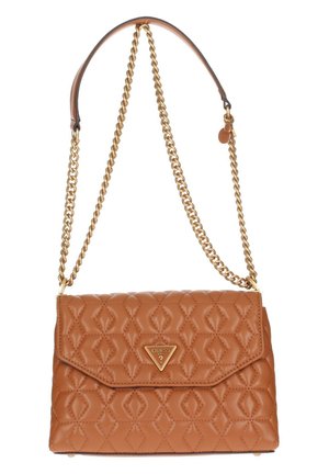 Borsa a tracolla marrone trapuntata realizzata in materiale sintetico, con una catena dorata e un accento con logo triangolare sulla parte anteriore.