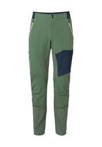 Groene technische broek met een marineblauwe patch. Voorzien van ritszakken, knopen op de tailleband en een getailleerd ontwerp. Gemaakt van lichtgewicht, duurzaam materiaal.