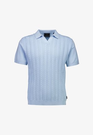 Polo à manches courtes bleu clair avec une texture en maille torsadée, un col en V et des poignets et ourlet côtelés. Confectionné dans un matériau doux et lisse.