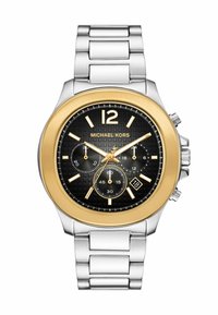 Orologio cronografo con quadrante nero testurizzato, cassa in acciaio inossidabile oro e argento, bracciale argentato, dettagli in oro e funzione data.
